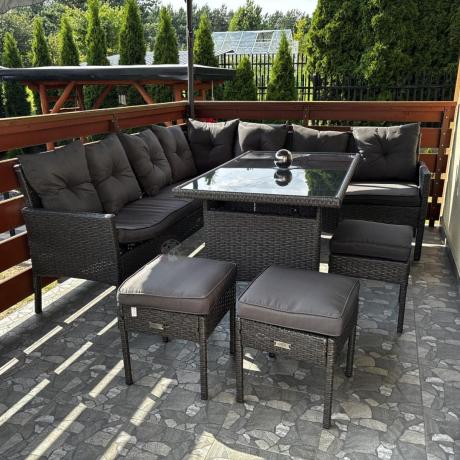 Narożnik z technorattanu 190x190cm z 3 pufami i stołem Torino Corner XL Anthracite