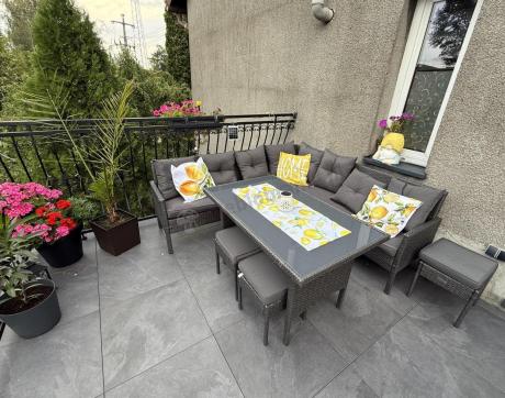 Narożnik z technorattanu 190x190cm z 3 pufami i stołem Torino Corner XL Anthracite