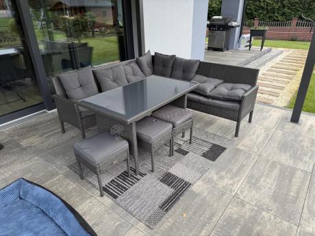 Narożnik z technorattanu 190x190cm z 3 pufami i stołem Torino Corner XL Anthracite