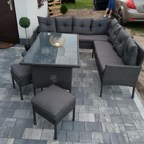 Narożnik z technorattanu 190x190cm z 3 pufami i stołem Torino Corner XL Anthracite