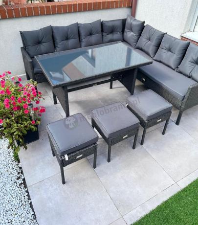 Narożnik z technorattanu 190x190cm z 3 pufami i stołem Torino Corner XL Anthracite