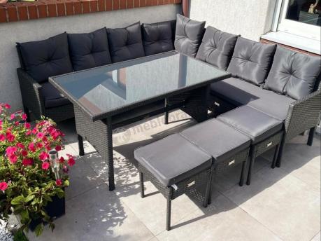 Narożnik z technorattanu 190x190cm z 3 pufami i stołem Torino Corner XL Anthracite