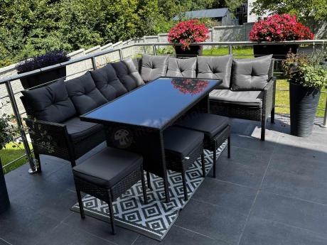 Narożnik z technorattanu 190x190cm z 3 pufami i stołem Torino Corner XL Anthracite