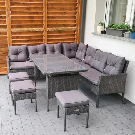 Narożnik z technorattanu 190x190cm z 3 pufami i stołem Torino Corner XL Anthracite