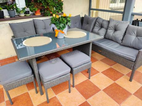 Narożnik z technorattanu 190x190cm z 3 pufami i stołem Torino Corner XL Anthracite