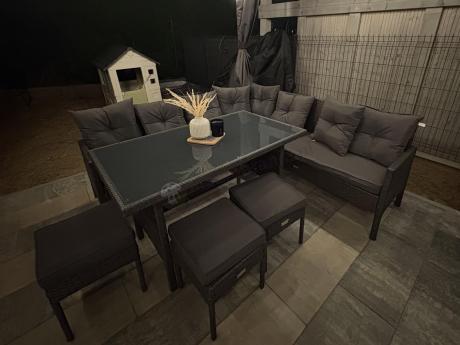 Narożnik z technorattanu 190x190cm z 3 pufami i stołem Torino Corner XL Anthracite