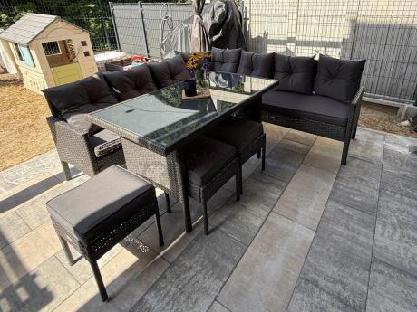 Narożnik z technorattanu 190x190cm z 3 pufami i stołem Torino Corner XL Anthracite