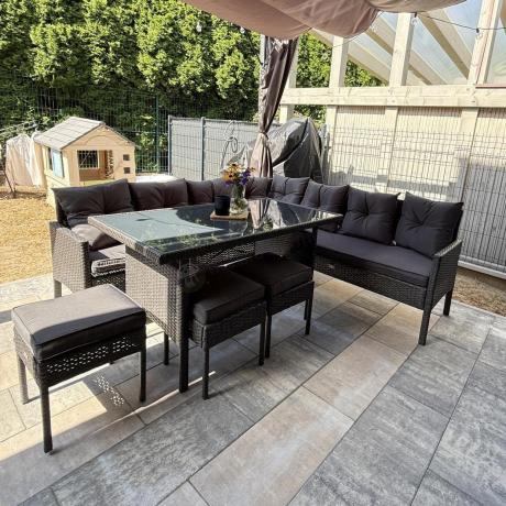 Narożnik z technorattanu 190x190cm z 3 pufami i stołem Torino Corner XL Anthracite