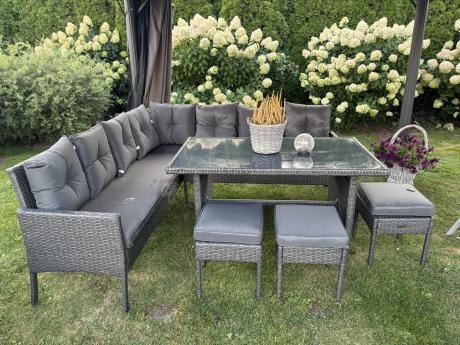 Narożnik z technorattanu 190x190cm z 3 pufami i stołem Torino Corner XL Anthracite