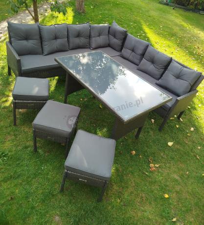 Narożnik z technorattanu 190x190cm z 3 pufami i stołem Torino Corner XL Anthracite