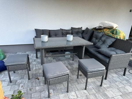 Narożnik z technorattanu 190x190cm z 3 pufami i stołem Torino Corner XL Anthracite