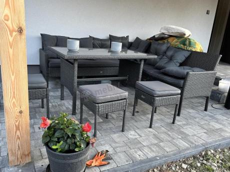 Narożnik z technorattanu 190x190cm z 3 pufami i stołem Torino Corner XL Anthracite