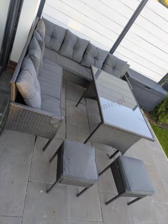 Narożnik z technorattanu 190x190cm z 3 pufami i stołem Torino Corner XL Anthracite