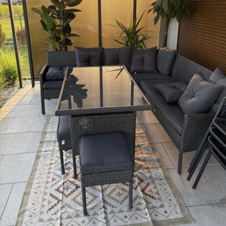 Narożnik z technorattanu 190x190cm z 3 pufami i stołem Torino Corner XL Anthracite
