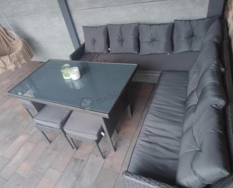 Narożnik z technorattanu 190x190cm z 3 pufami i stołem Torino Corner XL Anthracite