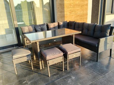 Narożnik z technorattanu 190x190cm z 3 pufami i stołem Torino Corner XL Anthracite