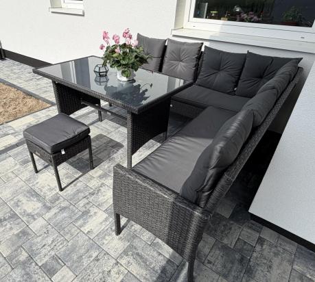 Narożnik z technorattanu 190x190cm z 3 pufami i stołem Torino Corner XL Anthracite