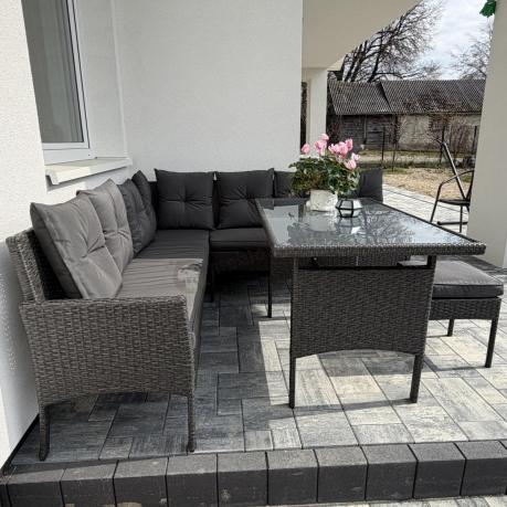 Narożnik z technorattanu 190x190cm z 3 pufami i stołem Torino Corner XL Anthracite