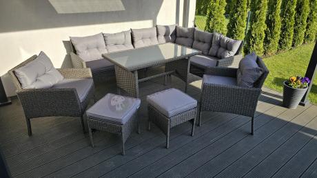 Narożnik z technorattanu z pufami i fotelami Perata Corner Plus – Anthracite