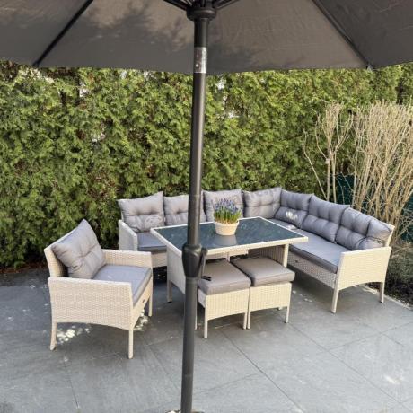 Narożnik z technorattanu ze stołem 120x70cm pufami i fotelem Perata Corner Light Grey