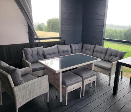 Narożnik z technorattanu ze stołem 120x70cm pufami i fotelem Perata Corner Light Grey