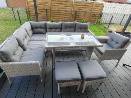 Narożnik z technorattanu ze stołem 120x70cm pufami i fotelem Perata Corner Light Grey