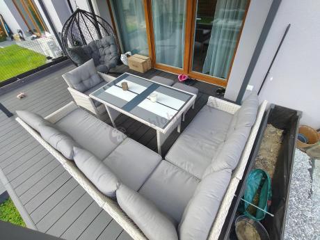 Narożnik z technorattanu ze stołem 120x70cm pufami i fotelem Perata Corner Light Grey