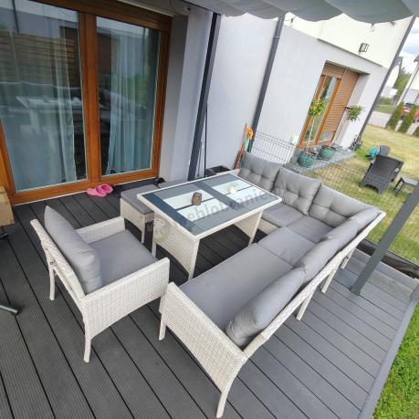 Narożnik z technorattanu ze stołem 120x70cm pufami i fotelem Perata Corner Light Grey