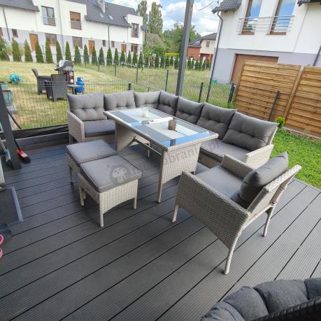 Narożnik z technorattanu ze stołem 120x70cm pufami i fotelem Perata Corner Light Grey