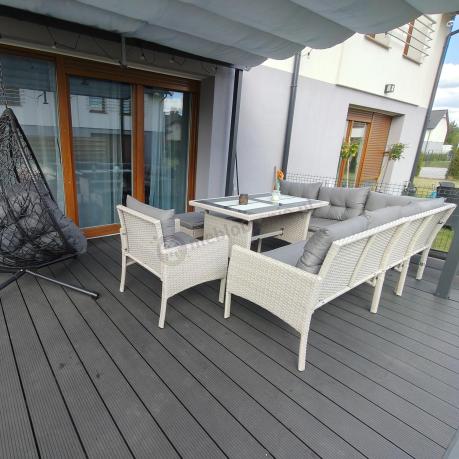 Narożnik z technorattanu ze stołem 120x70cm pufami i fotelem Perata Corner Light Grey