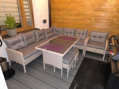 Narożnik z technorattanu ze stołem 120x70cm pufami i fotelem Perata Corner Light Grey