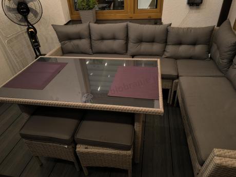 Narożnik z technorattanu ze stołem 120x70cm pufami i fotelem Perata Corner Light Grey