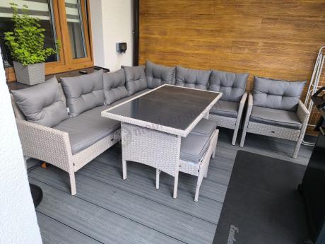 Narożnik z technorattanu ze stołem 120x70cm pufami i fotelem Perata Corner Light Grey