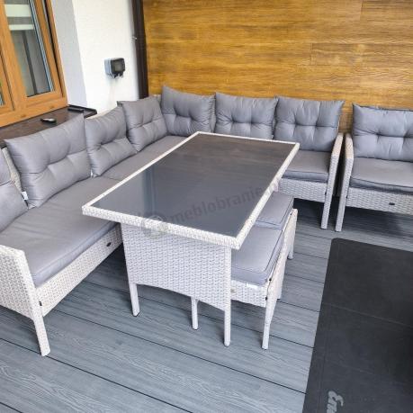 Narożnik z technorattanu ze stołem 120x70cm pufami i fotelem Perata Corner Light Grey