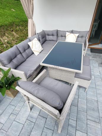 Narożnik z technorattanu ze stołem 120x70cm pufami i fotelem Perata Corner Light Grey