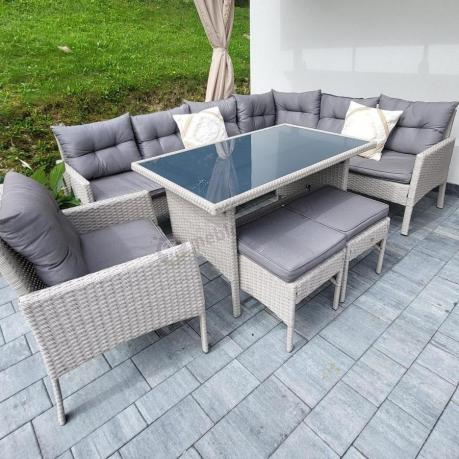 Narożnik z technorattanu ze stołem 120x70cm pufami i fotelem Perata Corner Light Grey