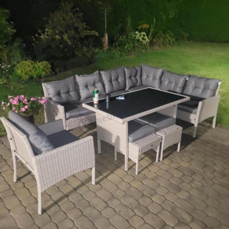 Narożnik z technorattanu ze stołem 120x70cm pufami i fotelem Perata Corner Light Grey