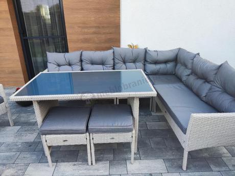 Narożnik z technorattanu ze stołem 120x70cm pufami i fotelem Perata Corner Light Grey