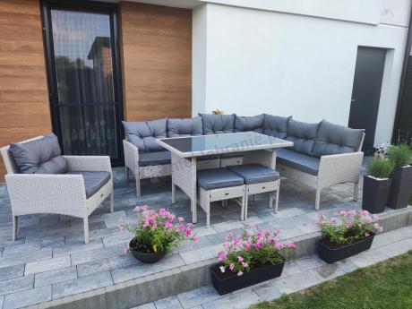 Narożnik z technorattanu ze stołem 120x70cm pufami i fotelem Perata Corner Light Grey