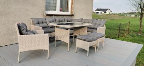 Narożnik z technorattanu ze stołem 120x70cm pufami i fotelem Perata Corner Light Grey
