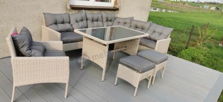 Narożnik z technorattanu ze stołem 120x70cm pufami i fotelem Perata Corner Light Grey