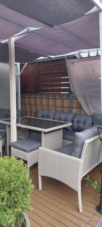 Narożnik z technorattanu ze stołem 120x70cm pufami i fotelem Perata Corner Light Grey