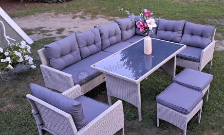Narożnik z technorattanu ze stołem 120x70cm pufami i fotelem Perata Corner Light Grey