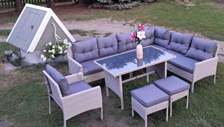 Narożnik z technorattanu ze stołem 120x70cm pufami i fotelem Perata Corner Light Grey