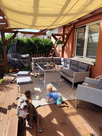 Narożnik z technorattanu ze stołem 120x70cm pufami i fotelem Perata Corner Light Grey