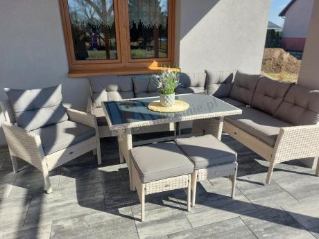 Narożnik z technorattanu ze stołem 120x70cm pufami i fotelem Perata Corner Light Grey