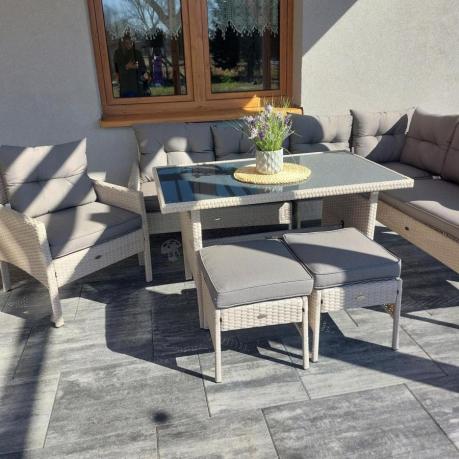 Narożnik z technorattanu ze stołem 120x70cm pufami i fotelem Perata Corner Light Grey