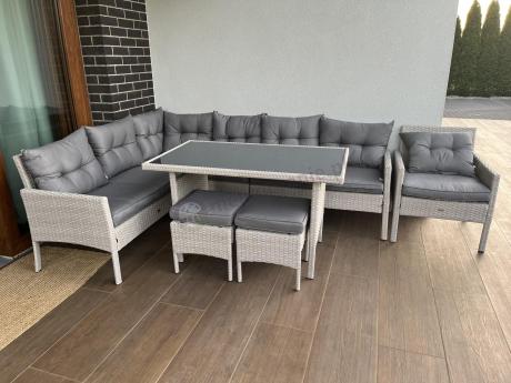 Narożnik z technorattanu ze stołem 120x70cm pufami i fotelem Perata Corner Light Grey