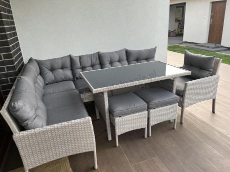 Narożnik z technorattanu ze stołem 120x70cm pufami i fotelem Perata Corner Light Grey