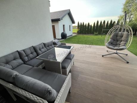 Narożnik z technorattanu ze stołem 120x70cm pufami i fotelem Perata Corner Light Grey